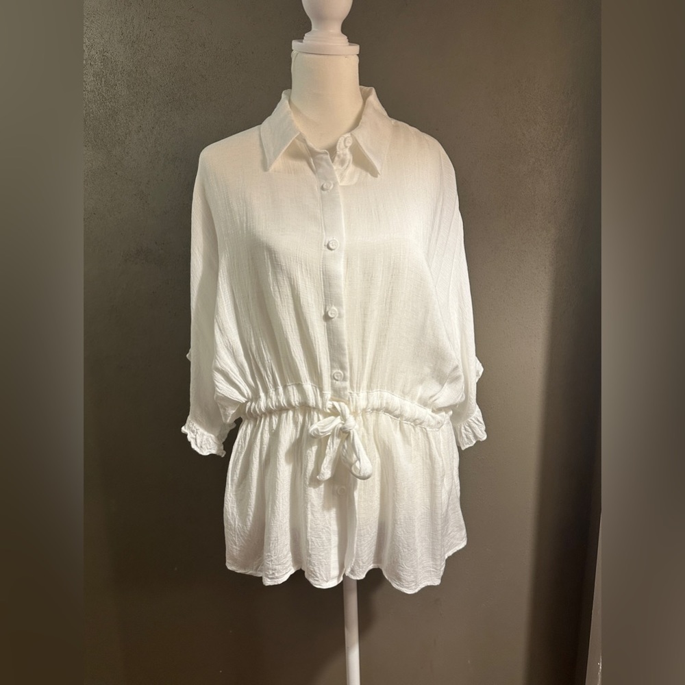 Women’s White Button-Front Drawstring Peplum Top